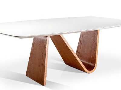 Modern White Dining Table With Wooden V Shaped Legs And Minimalist Design 3d model
