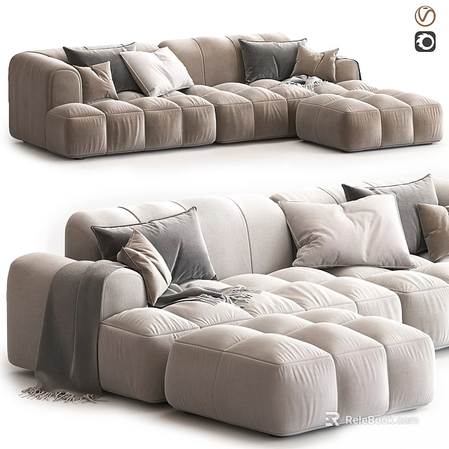 Light Gray Sectional Sofa With Tufted Seats Soft Pillows And Comfortable Upholstery Design 3d model 
