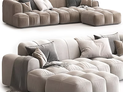 Light Gray Sectional Sofa With Tufted Seats Soft Pillows And Comfortable Upholstery Design 3d model