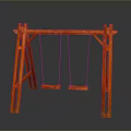 Red Wooden Outdoor Swing Set With Double Seats And Hanging Ropes Frame
