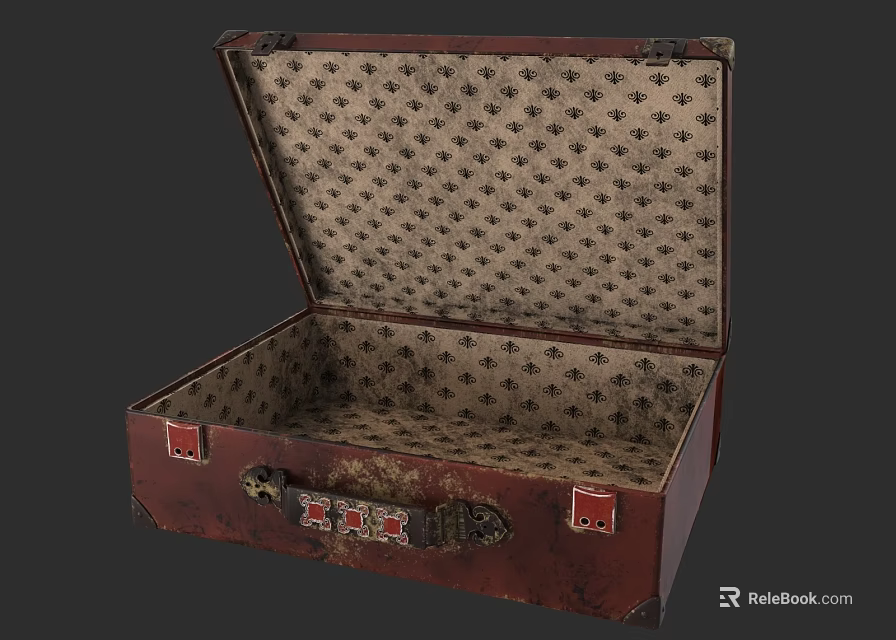 Vintage Red Open Suitcase With Interior Patterned Lining And Metal Clasps 3d model 