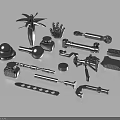 Assorted Metal Parts With Various Shapes Including Blades Hands And Mechanical Tools