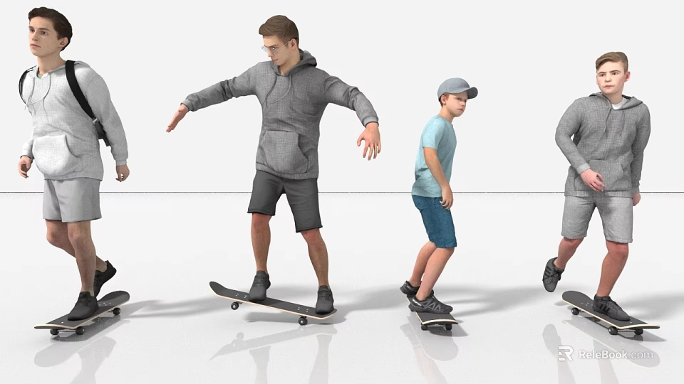 Group of People Skateboarding in Different Outfits Hoodie T-Shirt and Shorts 3d model 