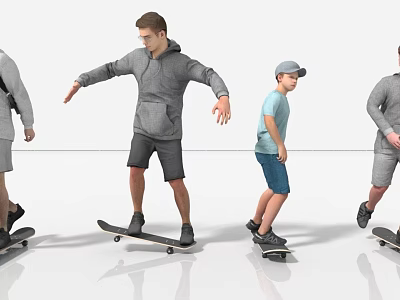 Group of People Skateboarding in Different Outfits Hoodie T-Shirt and Shorts 3d model