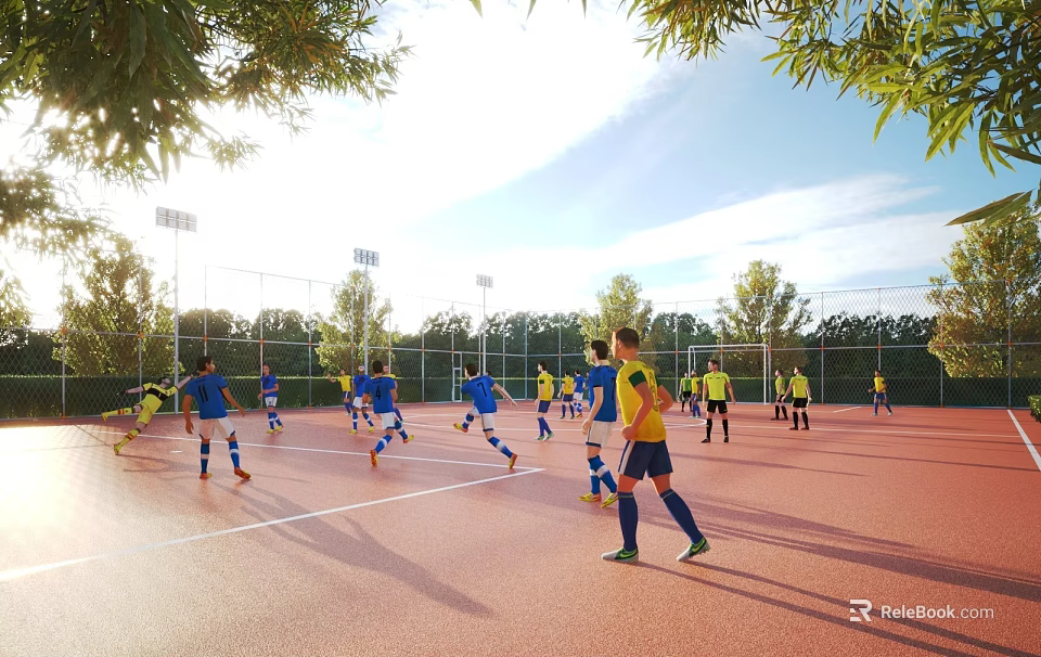Soccer Field With Players Playing Under Lights And Trees 3d model 