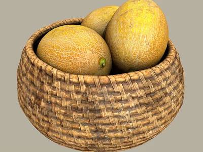 Natural Woven Basket Filled With Fresh Ripe Cantaloupes For Home Use 3d model