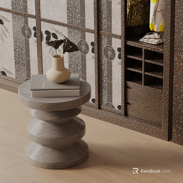 Spiral Design Wooden Side Table with Vase Books and Decorative Screen Background 3d model 