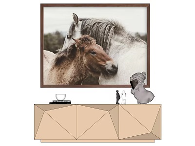 Warm Animal Painting of Two Nuzzling Horses Foal and Adult with Brown Frame 3d model