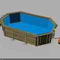 Wooden Above Ground Pool Structure With Blue Water Ladder And Orange Equipment