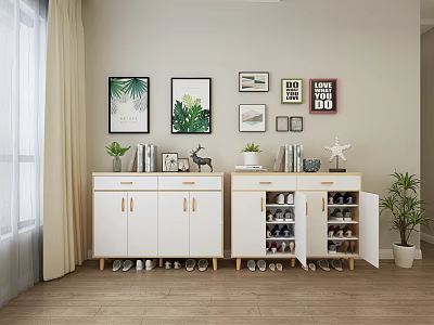 Modern White Shoe Cabinet With Wooden Legs Open Doors And Decor Items 3d model