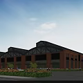 Industrial Factory Building With Red Brick Exterior Arched Roof Glass Windows And Greenery Area
