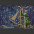Starry Night Astronomical Scene With Astronomer Using Astrolabe And Celestial Charts