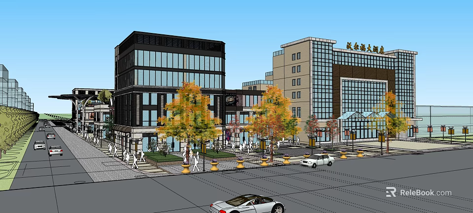 Modern Scenic Commercial Street With Glass Facade Buildings Yellow Trees Pedestrians Cars And Flower Beds 3d model 