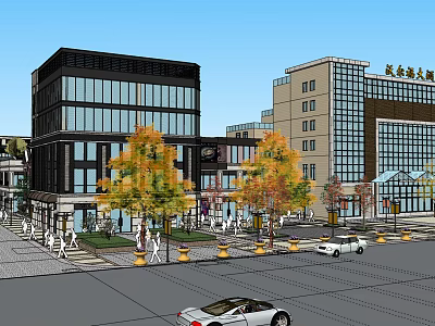 Modern Scenic Commercial Street With Glass Facade Buildings Yellow Trees Pedestrians Cars And Flower Beds 3d model