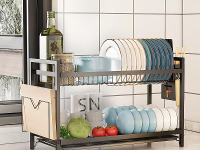 Kitchen Storage Rack With Plates Bowls Olive Oil Bottle Spice Jars Cutting Board And Vegetables 3d model