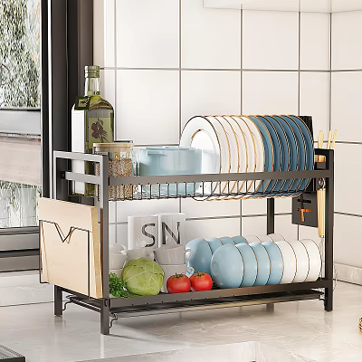 Kitchen Storage Rack With Plates Bowls Olive Oil Bottle Spice Jars Cutting Board And Vegetables 3d model