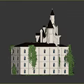 Classic European Castle Architecture With Multiple Towers Dark Roofs Light Walls Green Plants and Reflection