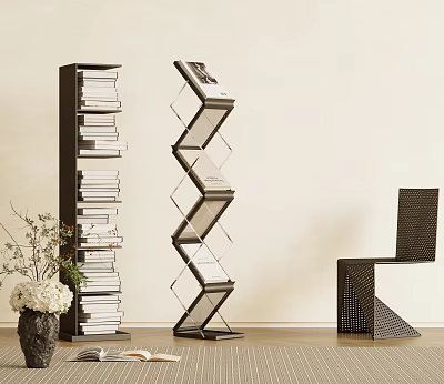 Modern Black Layered Bookcase With Open Design And Potted Plant In Interior 3d model