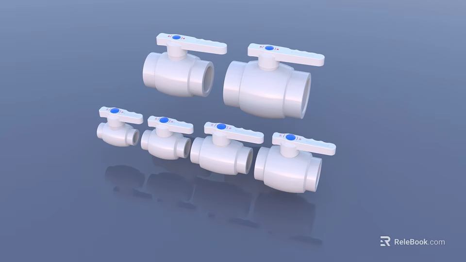 White Pipeline Ball Valves With Blue Handles And Multiple Sizes For Plumbing Use 3d model 