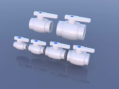 White Pipeline Ball Valves With Blue Handles And Multiple Sizes For Plumbing Use 3d model