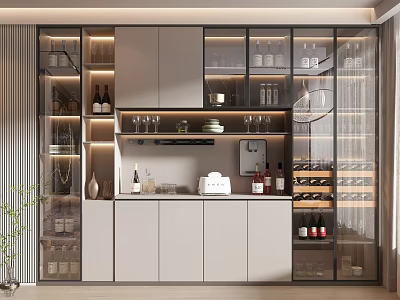 Modern Wine Cabinet With Glass Doors LED Lighting And Wine Storage Shelves 3d model