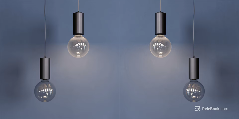 Four Modern Pendant Lights With Black Fixtures And Clear Glass Bulbs On Blue Wall 3d model 