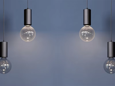 Four Modern Pendant Lights With Black Fixtures And Clear Glass Bulbs On Blue Wall 3d model