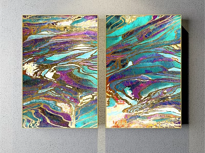 Vibrant Abstract Painting With Flowing Turquoise Purple Gold Patterns And Gold Frame Wall Decor 3d model