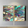 Vibrant Abstract Painting With Flowing Turquoise Purple Gold Patterns And Gold Frame Wall Decor