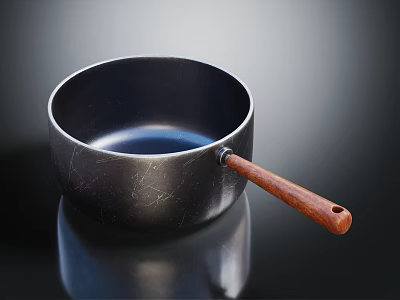 Sleek Black Cooking Pot With Wooden Handle Smooth Surface And Reflection For Daily Kitchen Use 3d model