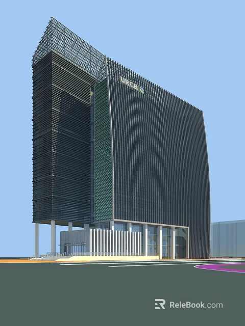 Tall Modern Office Building With Sleek Vertical Striped Facade And Glass Exterior Design 3d model 