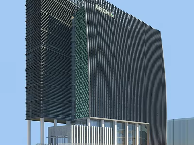Tall Modern Office Building With Sleek Vertical Striped Facade And Glass Exterior Design 3d model