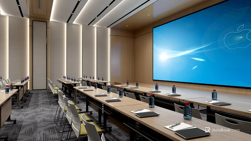 Modern Conference Room Interior Design With Long Tables Chairs Bottled Water Notebooks And Large Screen 3d model 