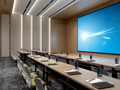 Modern Conference Room Interior Design With Long Tables Chairs Bottled Water Notebooks And Large Screen 3d model