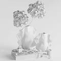 Ornamental Decor Set For Home Interior With White Gold Rim Vases And Beige Flowers