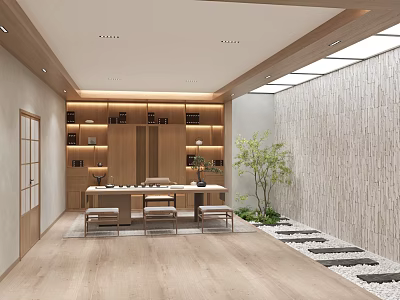 Modern Zen Tea Room With Wooden Shelves Tea Table Plants And Stone Path 3d model