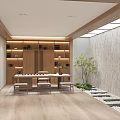 Modern Zen Tea Room With Wooden Shelves Tea Table Plants And Stone Path
