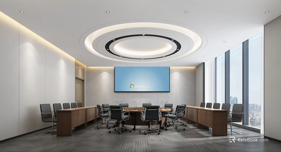 Modern Meeting Room Interior With Long Wooden Table Ergonomic Chairs Large Screen And Circular Ceiling Light 3d model 
