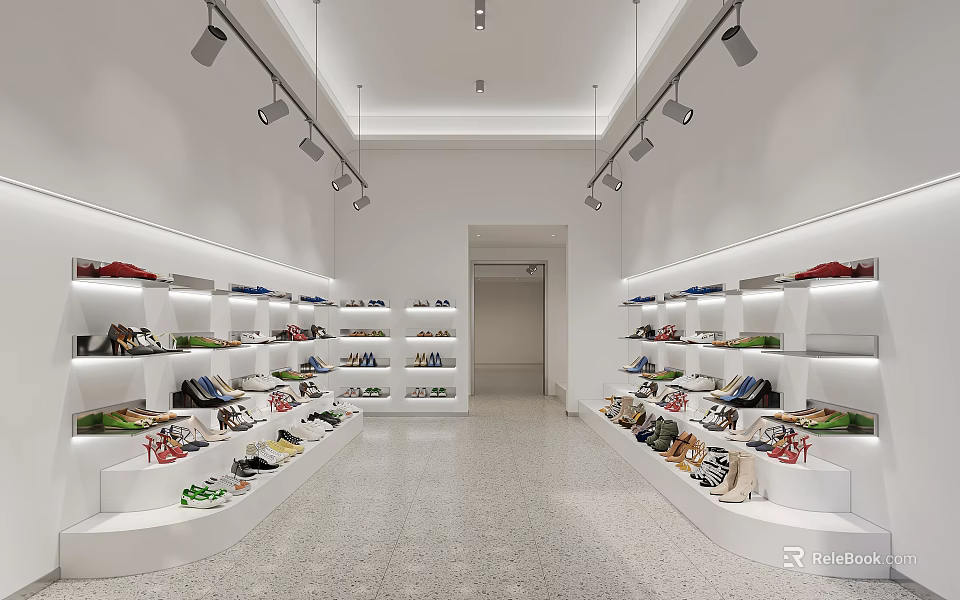 Shoe Store Modern Interior With White Shelves Displaying Various Footwear Collections Neatly Arranged 3d model 