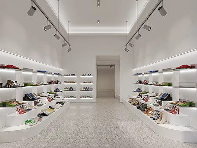 Shoe Store Modern Interior With White Shelves Displaying Various Footwear Collections Neatly Arranged 3d model