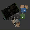 Various Colored Waste Containers With Trash Bags Cardboard Boxes And Scattered Waste