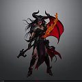Woman With Long Hair Horns And Red Wings Holding Flaming Weapon In Red Black Outfit