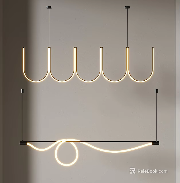 Modern Curved LED Pendant Light With Sleek Metal Structure And Glowing Linear Design 3d model 