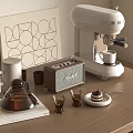 Cozy Modern Coffee Tabletop Setting With Coffee Machine Mugs Glassware Cake Plate And Dining Essentials