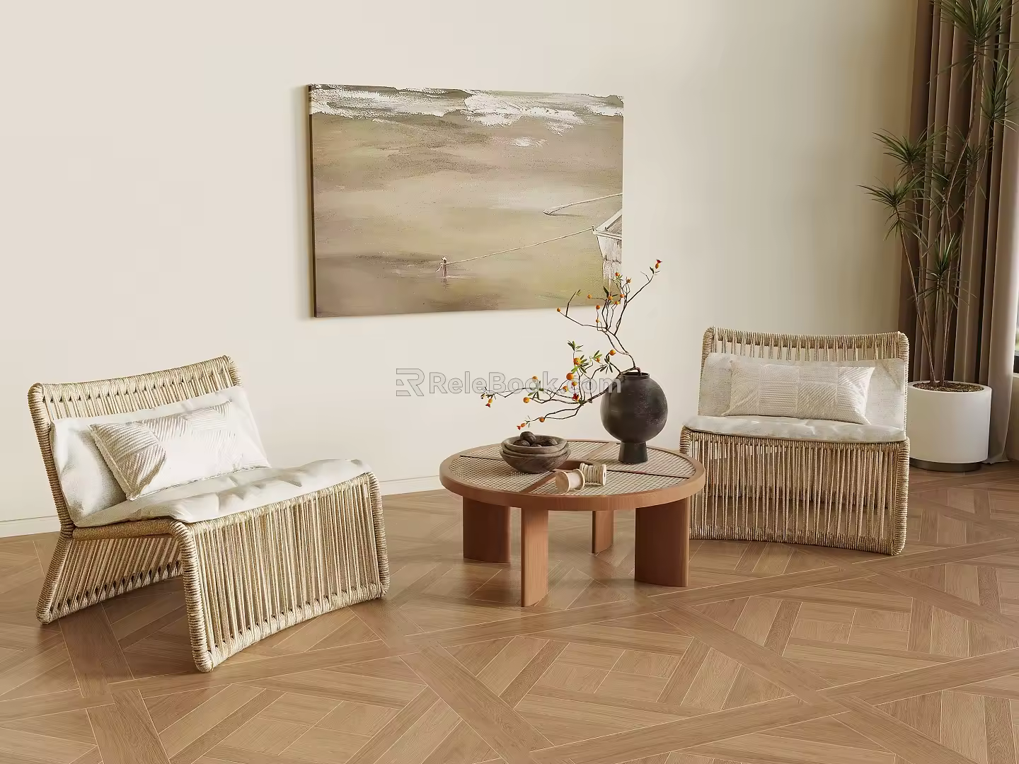 Quiet style leisure chair tea table combination 3d model