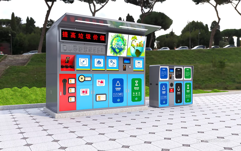 Public Outdoor Waste Sorting Facilities With Colorful Bins Digital Screen And Educational Posters 3d model 