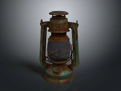 Vintage Rusty Kerosene Lamp With Weathered Metal Frame And Glass Shade 3d model