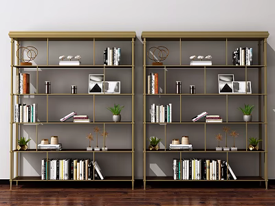 Stylish Gold Frame Bookcase With Multiple Shelves Books Decorations Photo Frames And Small Potted Plants 3d model