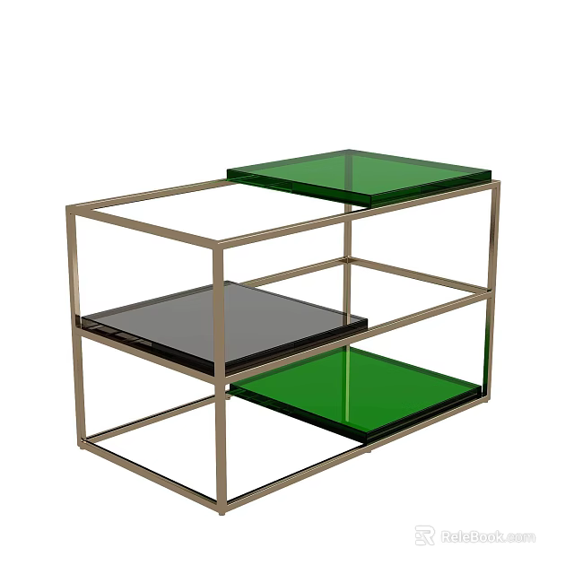 Modern Coffee Table With Metal Frame And Green Black Glass Shelves 3d model 