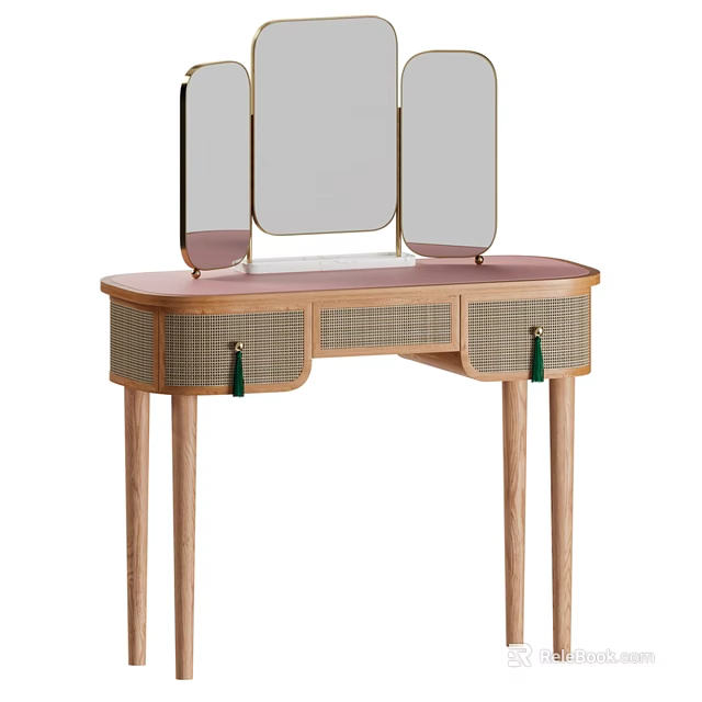 Elegant Dressing Table With Wooden Legs Plaid Drawers Green Tassel And Golden Frame Mirror 3d model 
